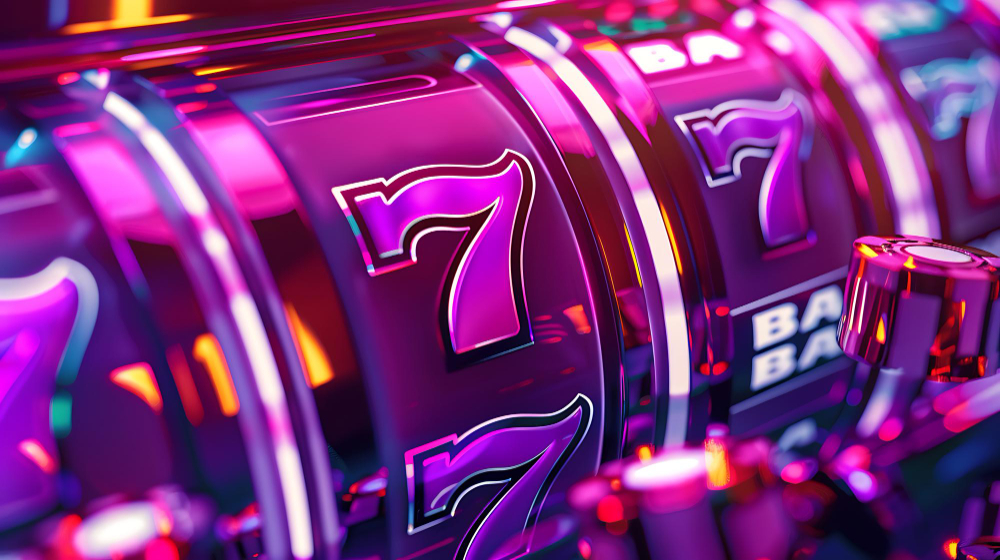 A purple-themed slot machine with the number 7 on focus.